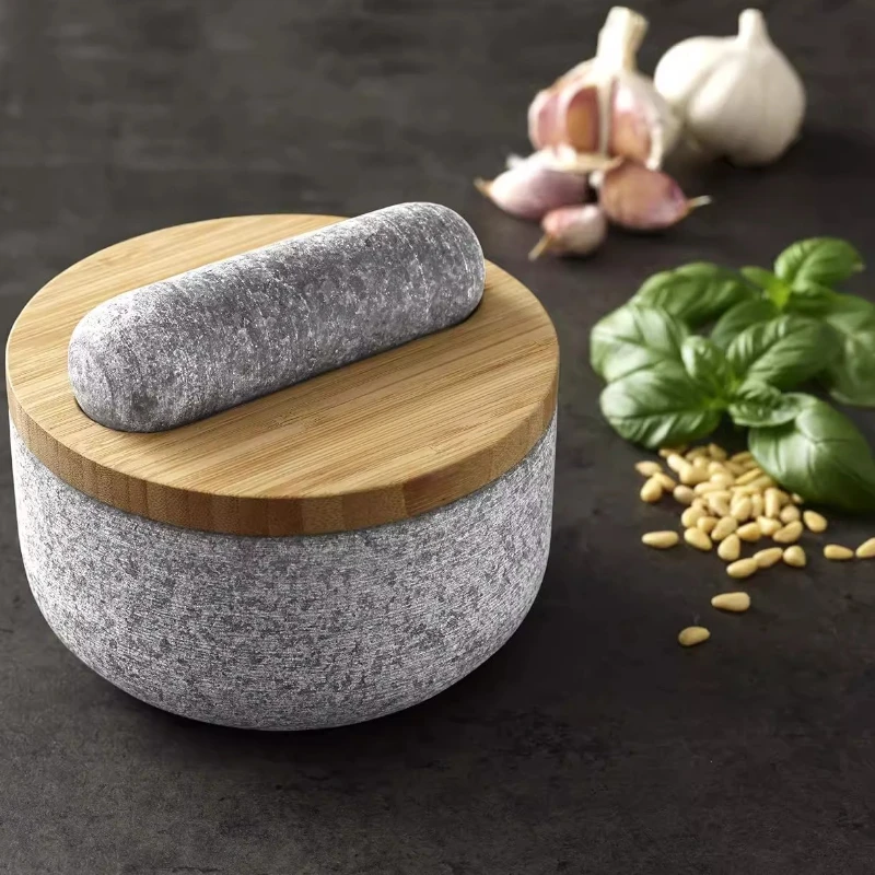 Mortar Pestle Granite - 대나무 덮개가 있는 화강암 절구, 돌로