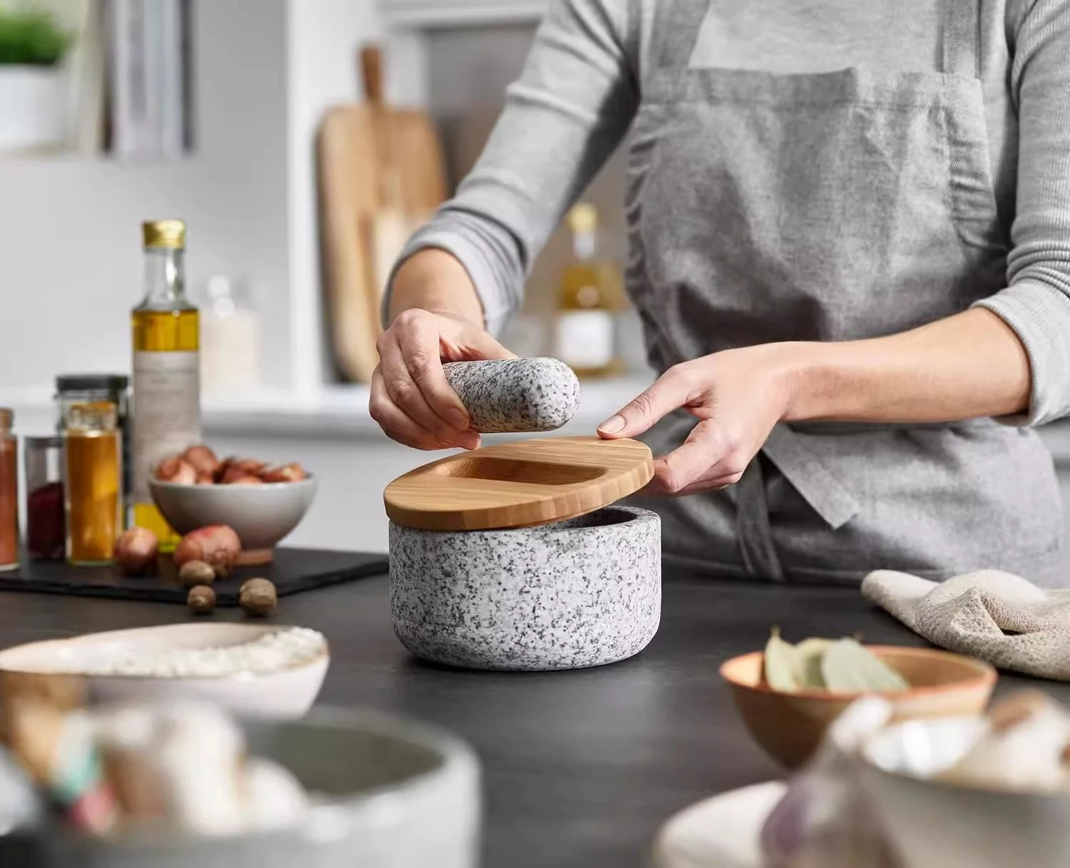 대나무 덮개가 있는 화강암 절구, 돌로 만든 절구, 진 - Mortar Pestle Granite 리뷰 및 가격